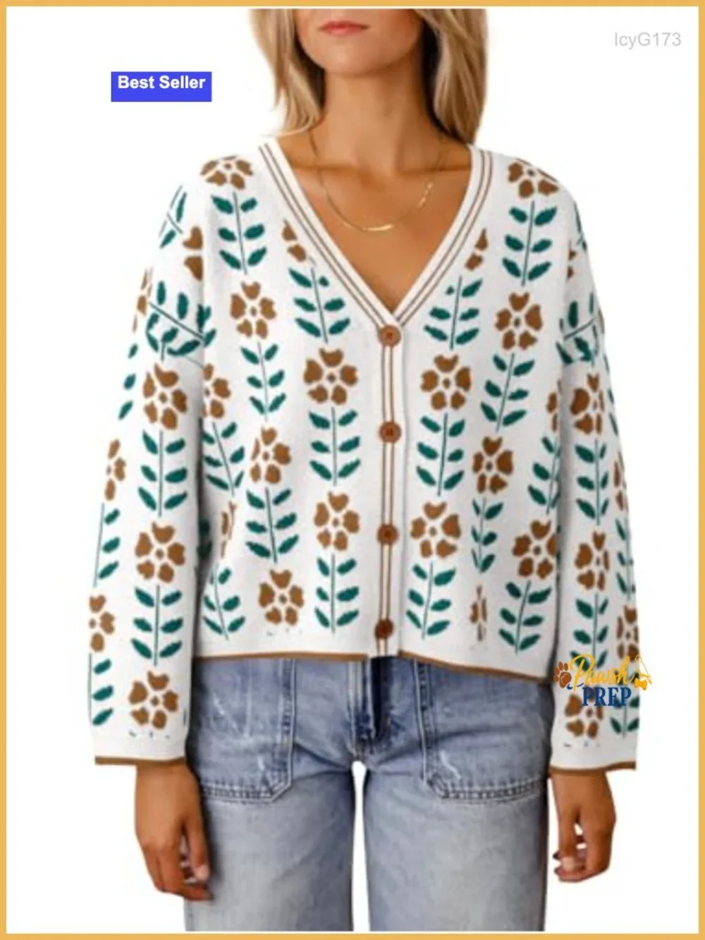 Women's Floral Print V-Neck Cardigan Open Front Knit Sweater Long Sleeve Loose